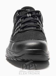 The image shows a black sports or work shoe. It has a sturdy sole, a padded upper, and is complete with laces. The shoe is slightly rounded at the front.