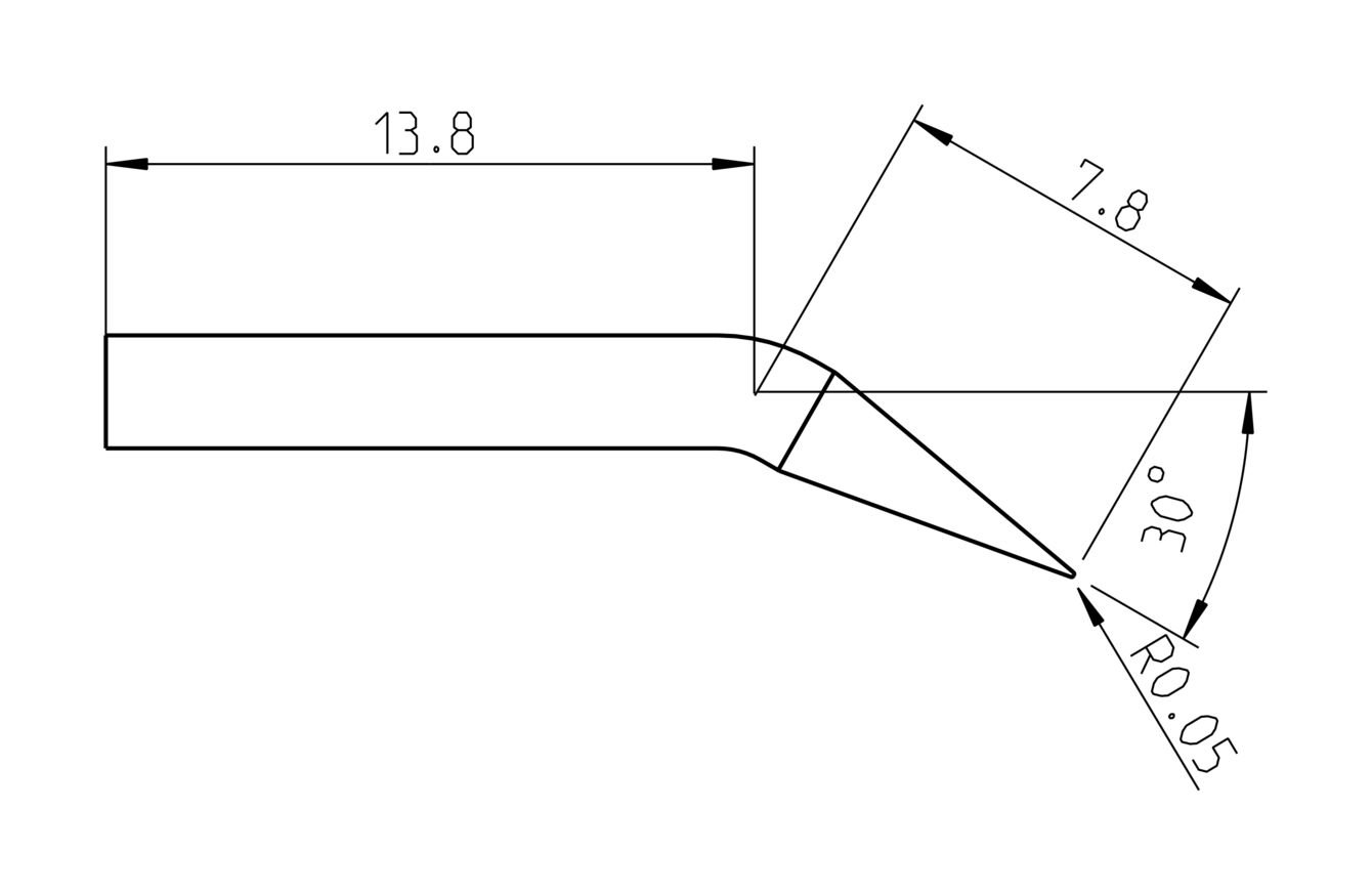 The image displays a technical drawing of a tool with a narrow, tapered edge. Dimensions are provided: 13.8 mm, 7.8 mm, a radius of 0.05 mm, and an angle of 30°.