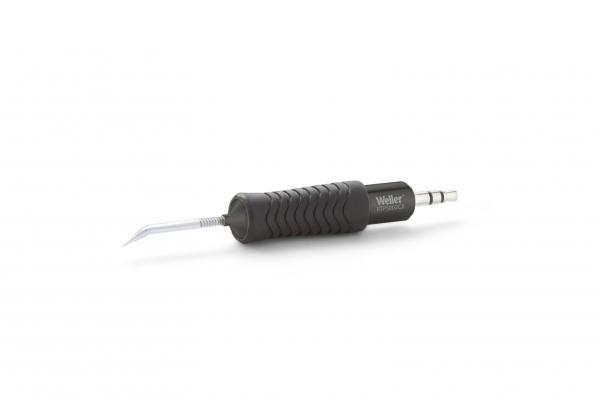 The image displays a soldering iron with a black, ergonomic handle that is slip-resistant. The tip is thin and metallic, ideal for precise soldering.