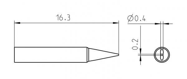 The image shows a technical drawing of a long, pointed object with precise measurements: 16.3 mm in length, 0.4 mm diameter at the tip, and a lateral view with a diameter of 0.2 mm.