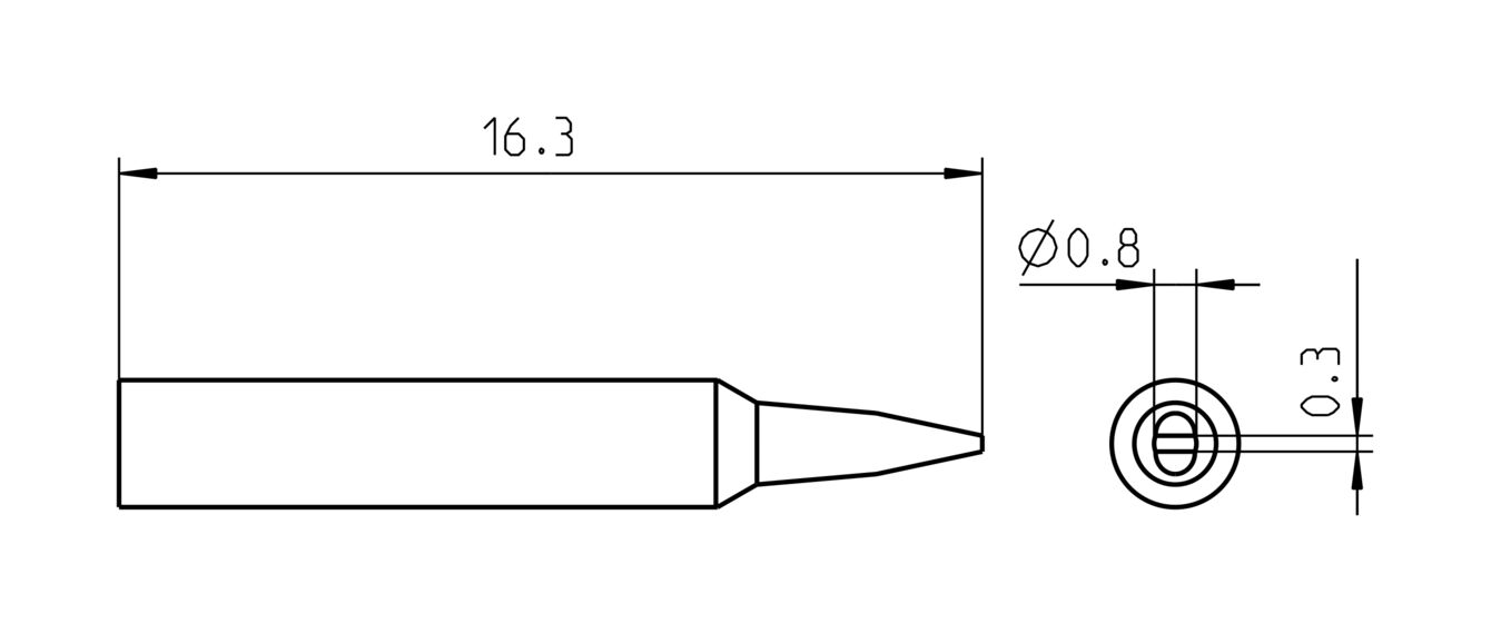 The image shows a technical drawing of a cylindrical object with a conical tip. The total length is 16.3 mm. The diameter of the tip is 0.8 mm, and the base has a thickness of 0.3 mm.