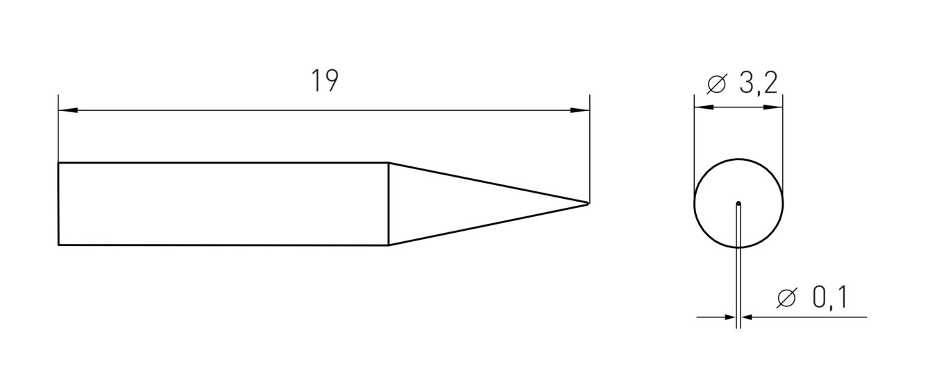 The image displays a technical drawing of a pen. It is 19 mm long and has a tapered shape. On the right, two diameters are indicated: 3.2 mm and 0.1 mm.