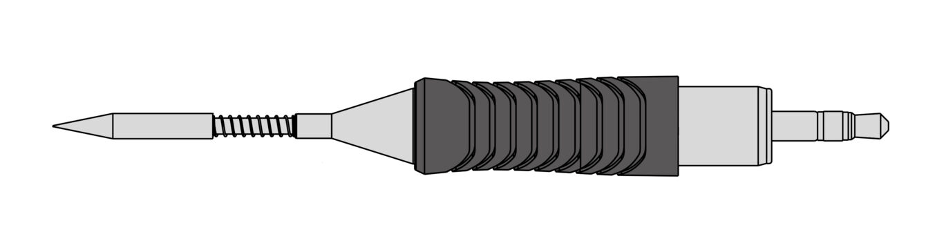 The image shows an arrow with a sharp, shiny tip. The shaft is grooved and has a black, padded section. At the end, there is a wider, flat area.