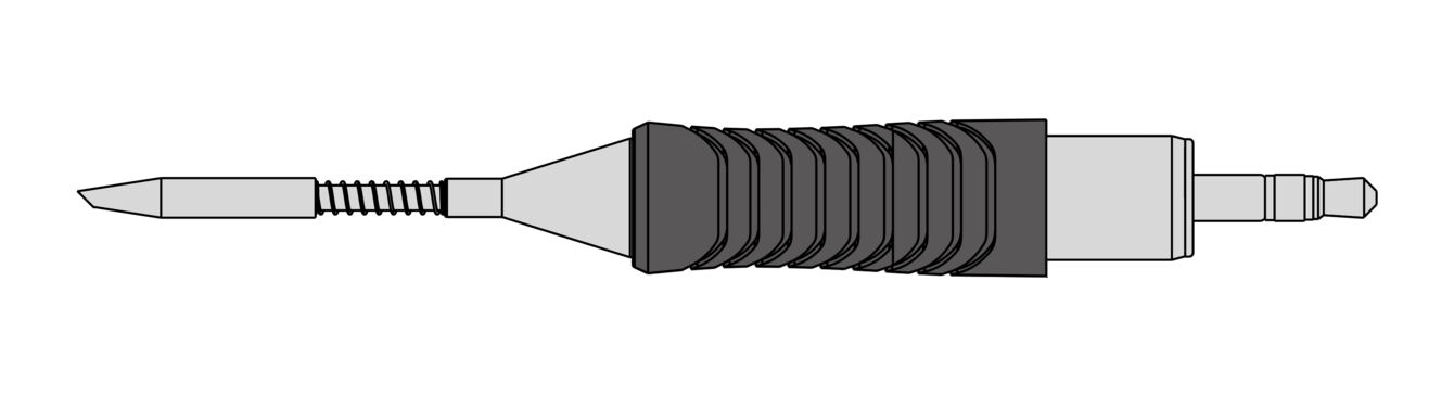 The image shows a screwdriver with a non-slip grip. The blade is narrow and pointed, and at the end of the handle, two inserts are visible.