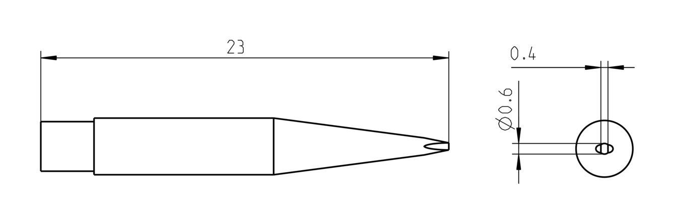 The image displays a technical drawing of an object resembling a pen or a tip. It includes dimensions in millimeters, with a length of 23 mm, and diameters of 0.4 mm and 0.6 mm.