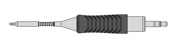 The image shows an elongated object with a ribbed center. There are different connectors at both ends. The body is slim and twisted on one side.