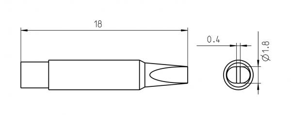 The image displays a technical drawing of a cylindrical object with a pointed opening at one end. It includes measurements: length 18 mm, diameter of 1.8 mm, and a slight narrowing.