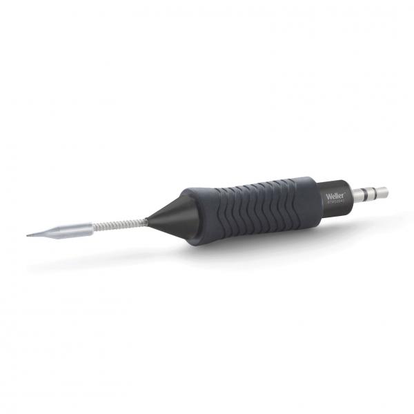 The image shows a soldering iron with a gray handle and a non-slip surface. The tip is silver-colored and narrow. The handle has an ergonomic shape for better grip.