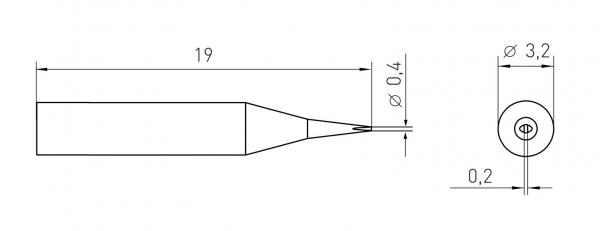 The image shows a technical drawing of a narrow, tapered object with dimensions. On the left are the side view and dimensions, on the right a top view with diameters.