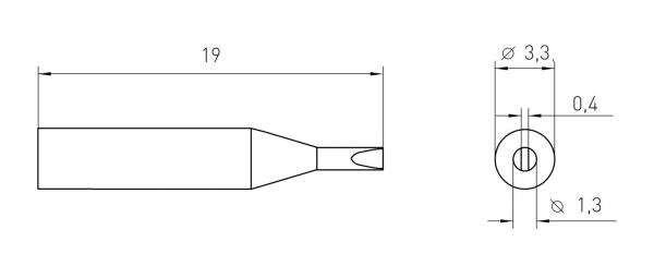 The image displays a technical drawing of a long, narrow object with two diameters: 3.3 mm and 1.3 mm. On the left side, the length measurements are provided. On the right is a top view.