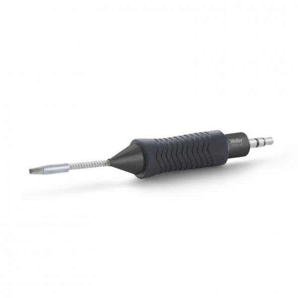 The image shows a screwdriver with an ergonomically shaped, black-gray ridged handle. The tip is straight and metallic, and the handle has a narrow, flexible connection to the tip.