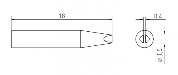 The image displays a technical drawing of a cylindrical object with a tapered tip. The dimensions are provided: length 18 mm, diameter 1.5 mm.