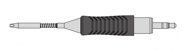 The image shows an elongated, narrow object with a ridged surface in the middle. At both ends, there are small, metallic parts, one of which is spiral-shaped.