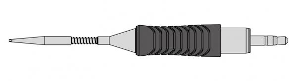 The image displays a stylized screwdriver with an elongated, ridged handle that features a pointed blade at one end. The handle is black and the blade is silver.