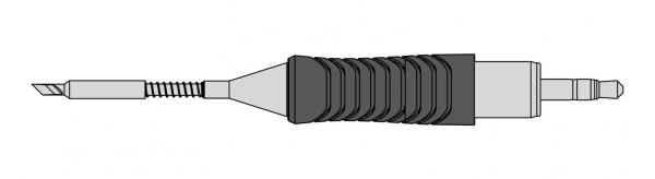 The image shows a cable plug with an elongated, wavy rubber coating in the middle. At one end there is a pointed plug, at the other a round plug.