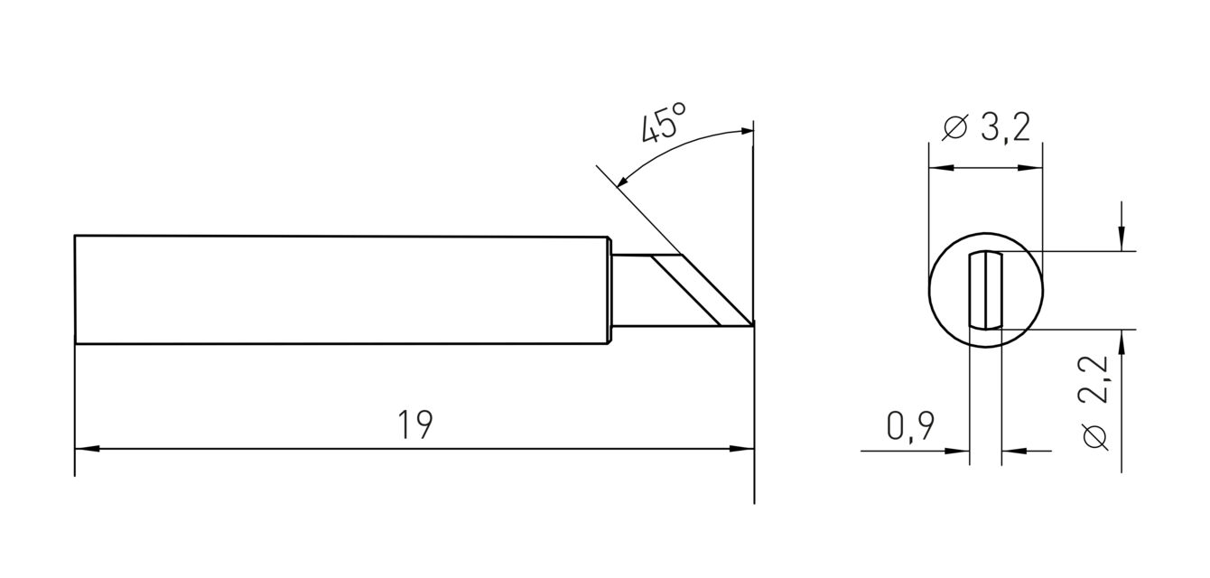 The image displays technical drawings of an object. On the left, a side view with length and angle dimensions; on the right, a top view with diameters indicated.