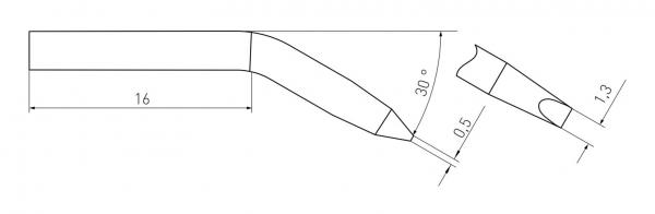 The image displays a technical drawing of a tool. It has a long, straight handle with a curved end that features a sharp, narrow edge with specific dimensions.