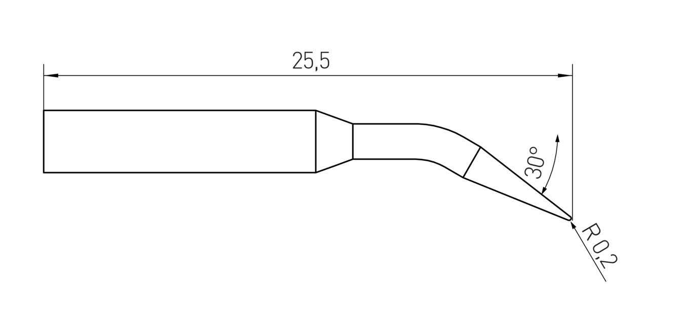 The image shows a technical drawing of a tool with a curved end. It has a length of 25.5 mm and a tip that forms a radius of 0.2 mm, and an angle of 30°.