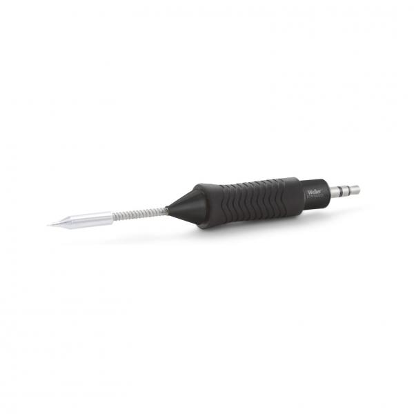 The image depicts a handy pen featuring a molded, non-slip grip made of black rubber. The tip is made of shiny metal and has a fine, pointed shape.