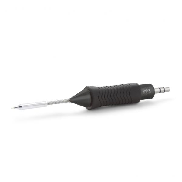 The image shows a pen-like object with a black rubberized grip and a metallic tip. The grip has a grooved structure for better hold.