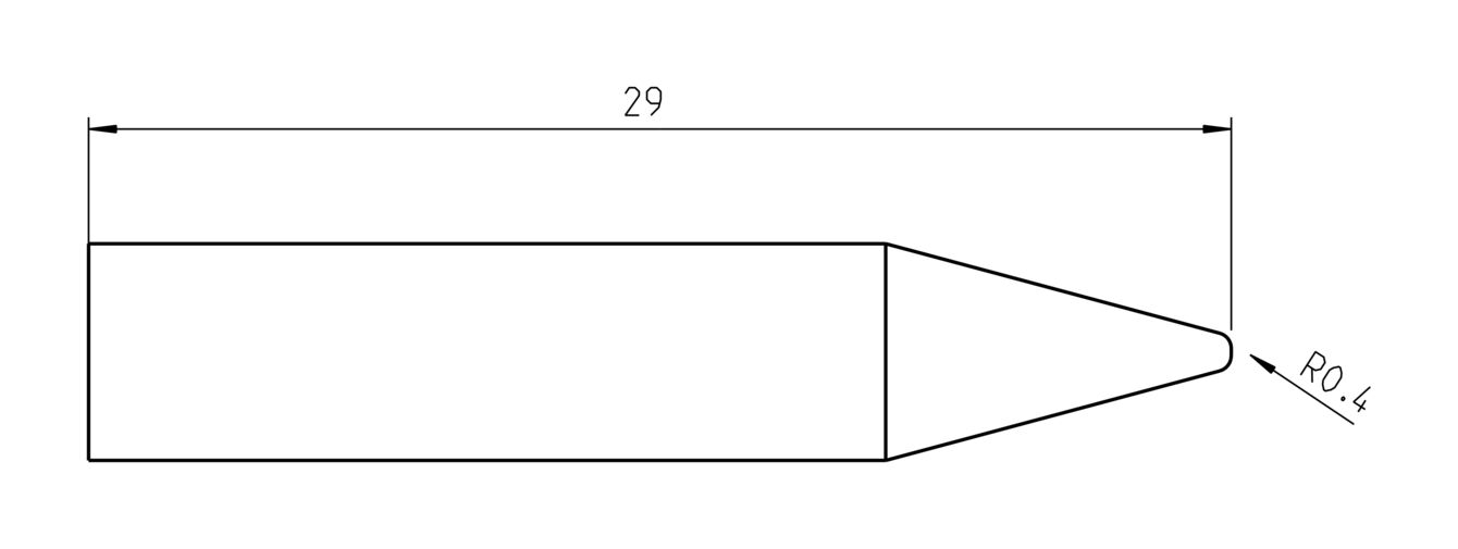 The image displays a technical drawing of an object measuring 29 units in length. One end tapers to a point, while the other end is straight. There is a rounded area (radius 4).