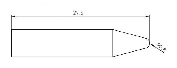 The image displays a technical drawing of an object measuring 27.5 units in length. The shape is elongated and features a rounded tip at one end with a radius of 0.8.