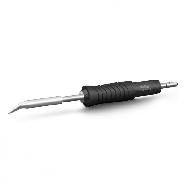 The image shows a soldering iron with a metallic, pointed tip and a rubberized, black handle with grooves for better grip. The handle is sturdy and ergonomically designed.