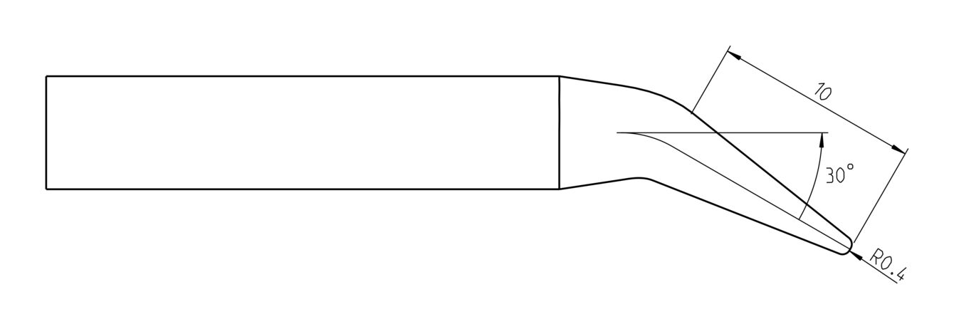 The image displays a technical drawing of a tool with a long, straight blade that tapers at one end and has a pointed, slightly curved shape. Dimensions are provided.