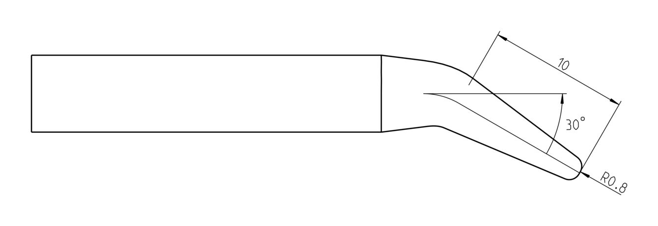 The image displays a technical drawing of a tool with a long, straight handle and a diagonally tapered tip that is slightly curved. Dimensions are provided.