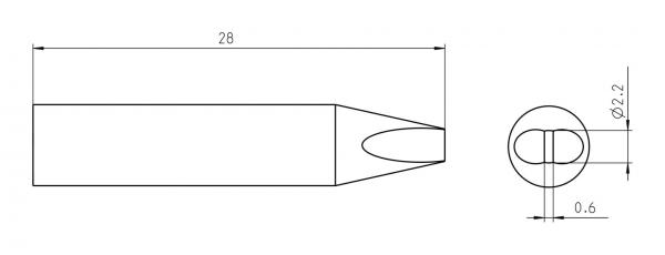 The image displays a technical drawing of an object. It has an elongated, tapering shape with an oval tip and a circular base. Dimensions are provided.