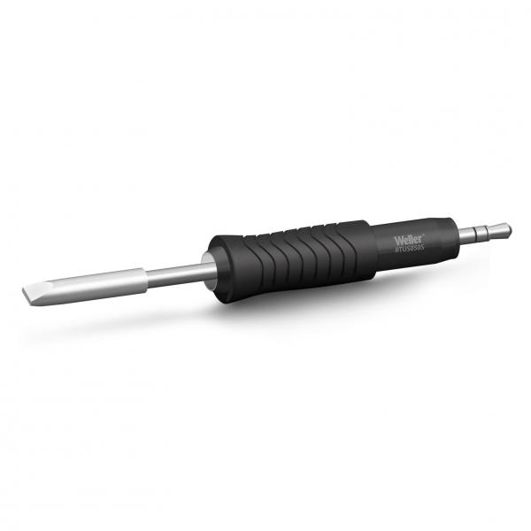 The image shows a soldering iron. The handle is black with a ribbed surface for better grip. The tip is silver and has a flat shape, ideal for soldering.