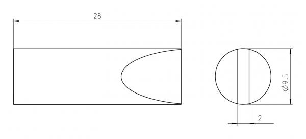 The image displays technical drawings of an object. On the left is an elongated rectangle with a rounded edge, on the right a circle with a diameter of 9.3 mm. Dimensions are provided.