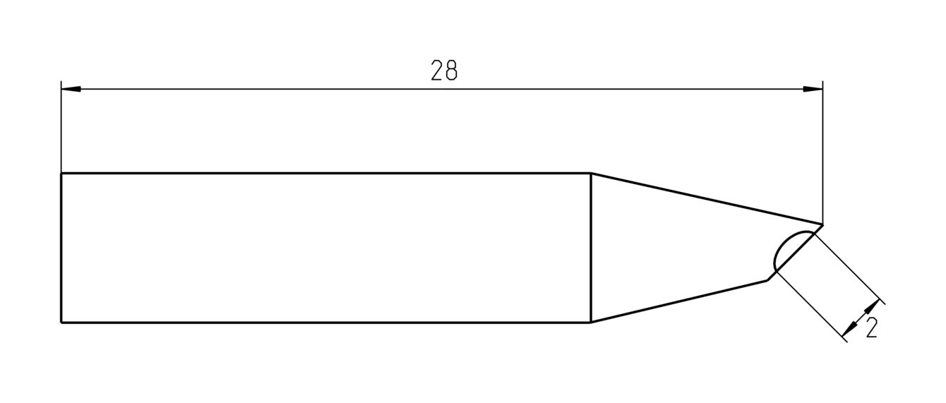 The image shows a technical drawing of an elongated object with a length of 28 units and a conically tapered end, which has a diameter of 2 units.