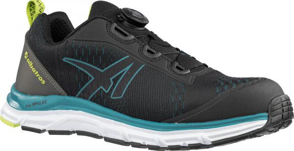 The shoe is sporty, primarily black with turquoise accents. It has a breathable upper, quick-drying laces, and a bright, cushioned sole for comfort.