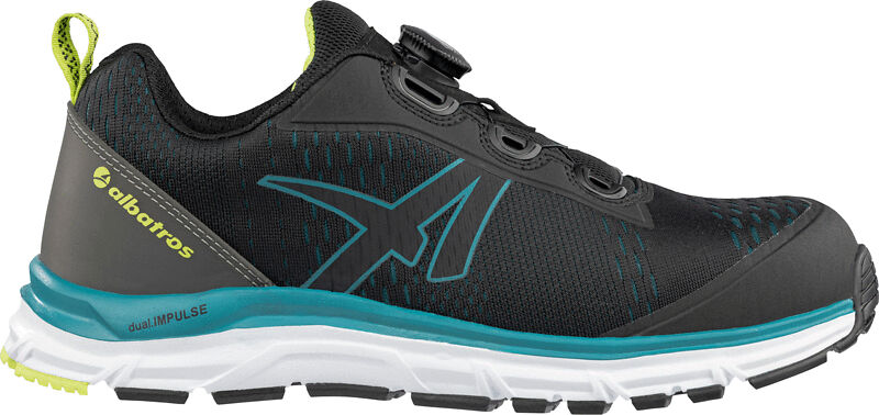 The shoe is a sporty running shoe in black with blue and green accents. It features a non-slip sole and a lace-up closure mechanism that supports the foot.