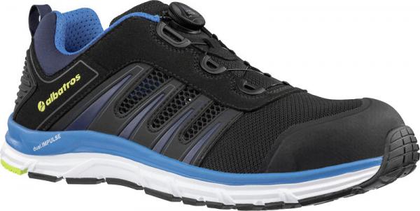 The shoe is a sporty, black sneaker with blue accents. It has a flexible, white sole edge and modern lacing. It appears comfortable and breathable.