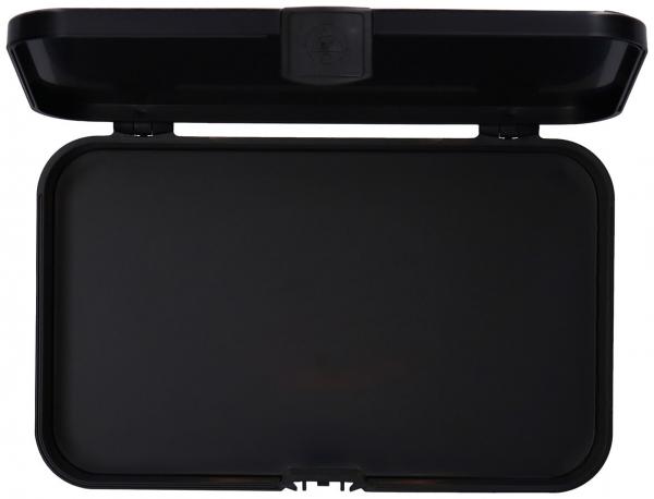 The image shows a black, rectangular box with a hinged lid that is open. The inside is also black and there are no other visible details.