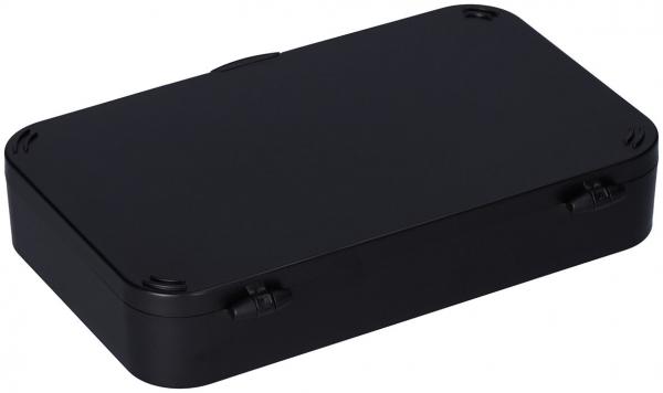 The image shows a rectangular, flat black plastic box. It has rounded corners and small edges on the sides, possibly for secure closing or attaching.