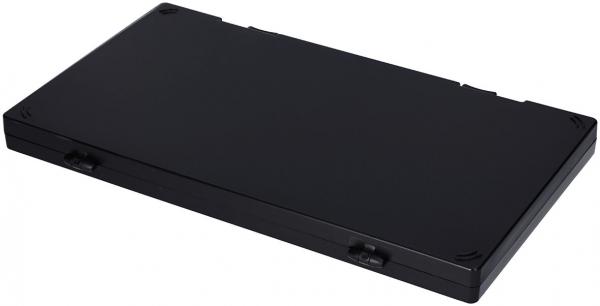 The image displays a rectangular, flat object in matte black color. It has rounded corners and is made of a solid material, likely plastic or metal. There are no visible markings.