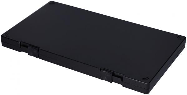 The image shows a rectangular, black box with slightly rounded corners. It has a smooth surface and two side clasps. The box appears compact and simple.