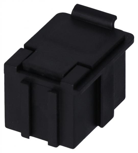 The image shows a small, square black plastic plug with angled edges and a slightly raised flip-top closure on top. It has a smooth surface and vertical grooves.