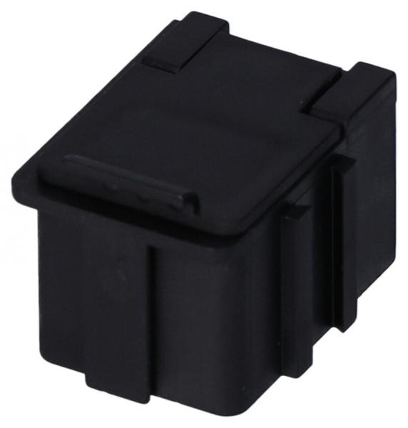 The image shows a small, rectangular black plastic container with a rounded top edge. It has two lateral protrusions and a flat top with a ridge.