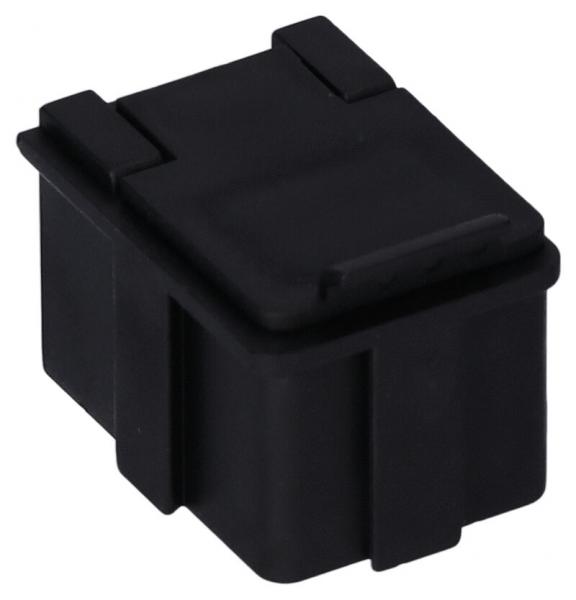 The image shows a small, square, black plastic container with a hinged lid and two side latches. It appears compact and sturdy.