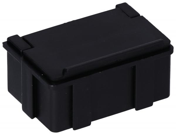 The picture shows a small, rectangular black box with rounded corners and a lid. It has side grooves and appears sturdy, ideal for storage.