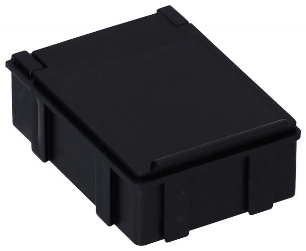 The image shows a small, black plastic box with a flat lid. The corners are slightly rounded, and there are side indentations for better grip. It appears sturdy and compact.