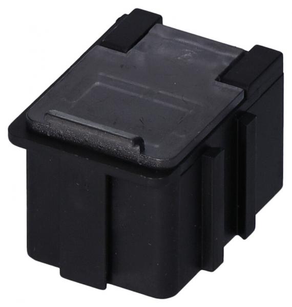 The image shows a small, rectangular box in black. It has a smooth top with two side brackets. The box appears sturdy and compact.