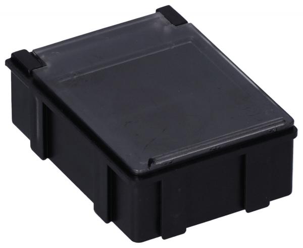 The image shows a rectangular, black plastic box with a transparent, slightly rounded top. It has rounded corners and an inconspicuous structure.