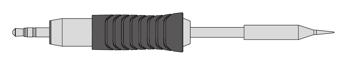 Das Bild zeigt einen langen, schlanken Gegenstand mit einem mittleren, geriffelten, schwarzen Teil und zwei spitzen Enden. Es könnte sich um einen elektronischen Stecker handeln.