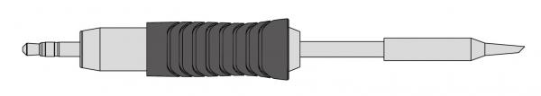 The image shows a gray plug with a ridged black handle. At one end, there is a small, round socket. The plug has a pointed shape.