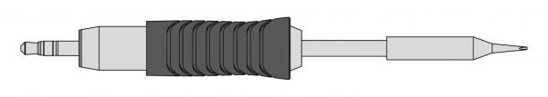 The image shows a black screwdriver with a non-slip grip area. It has a long, straight blade and a pointed tip shape that is suitable for screws.